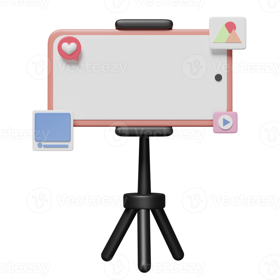 3D social media with mobile phone, smartphone, tripod icons isolated. online video live streaming, communication applications, notification message concept, 3d render illustration png
