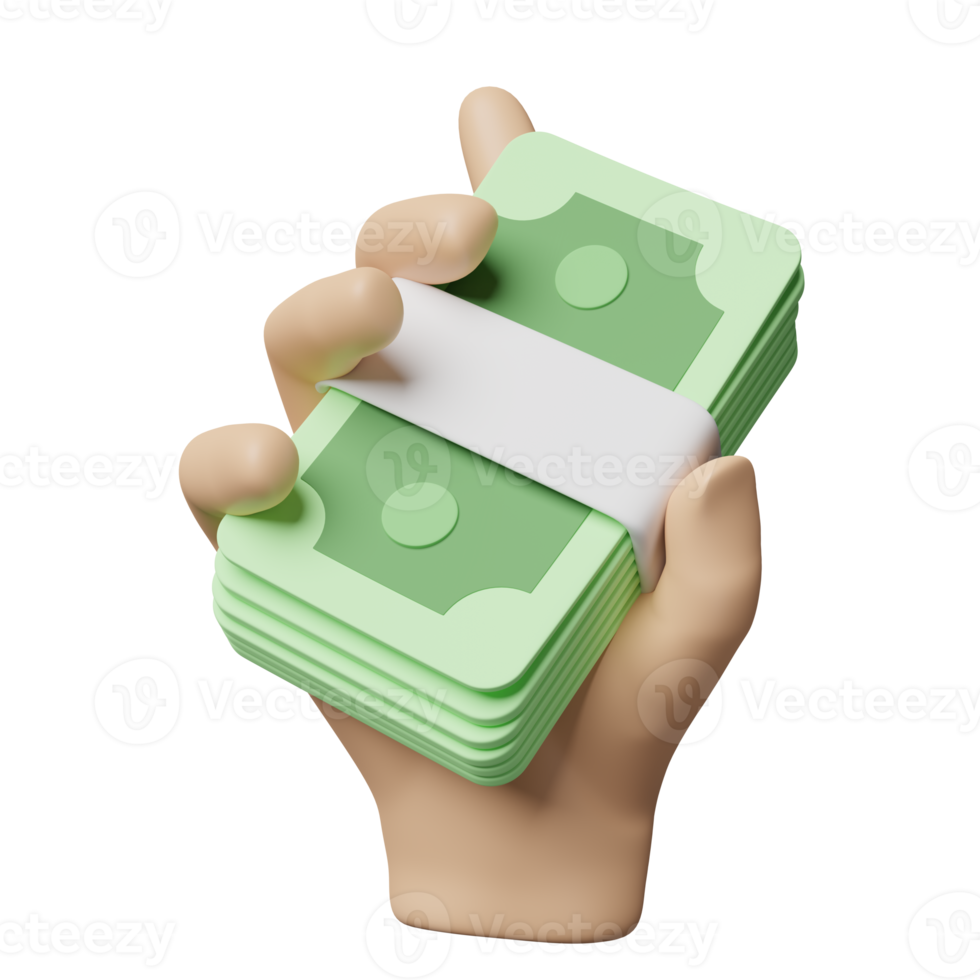 3D cartoon hands holding banknote icons isolated. quick credit approval or loan approval concept, 3d render illustration png