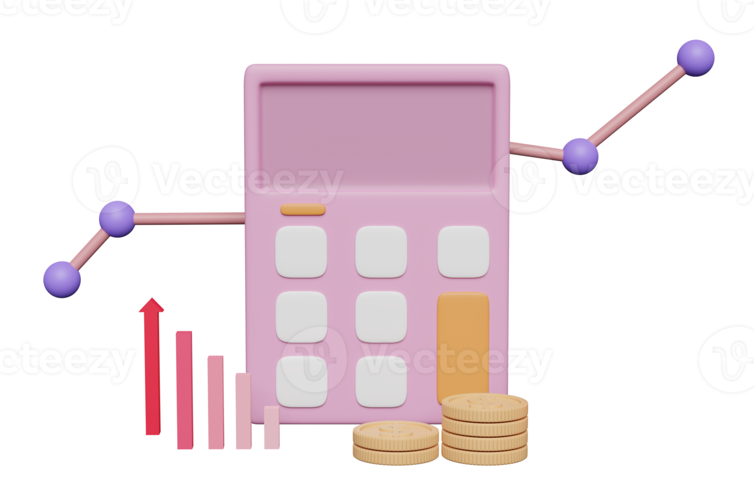 3D calculator icon with coins stack, charts graph isolated. analytics calculating financial risk concept, 3d render illustration png