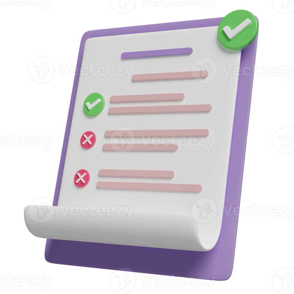 3D lila Zwischenablage weiße Checkliste Papiersymbol mit Scheck isoliert. projektplan, geschäftsstrategiekonzept, 3d-renderillustration png