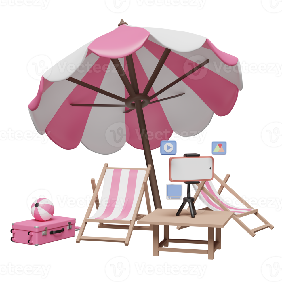 3D summer travel with mobile phone, smartphone, tripod, suitcase, beach chair, umbrella, ball isolated. online video live streaming, notification concept, 3d render illustration png