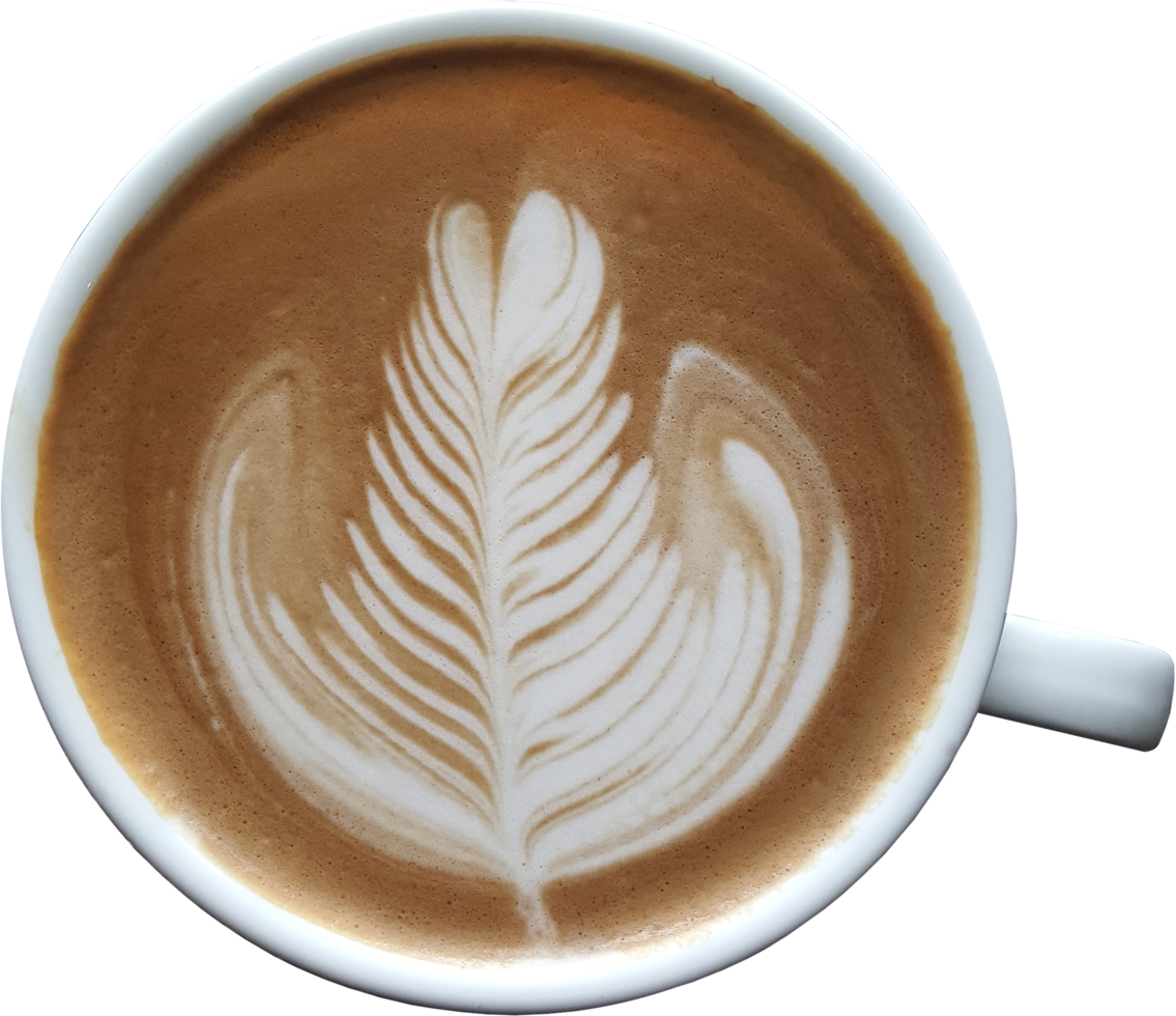 op view of a mug of latte art coffee png