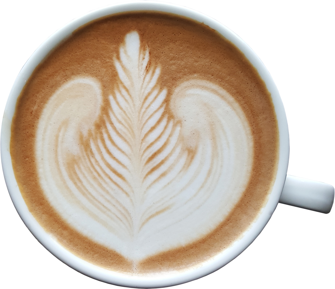 op view of a mug of latte art coffee png