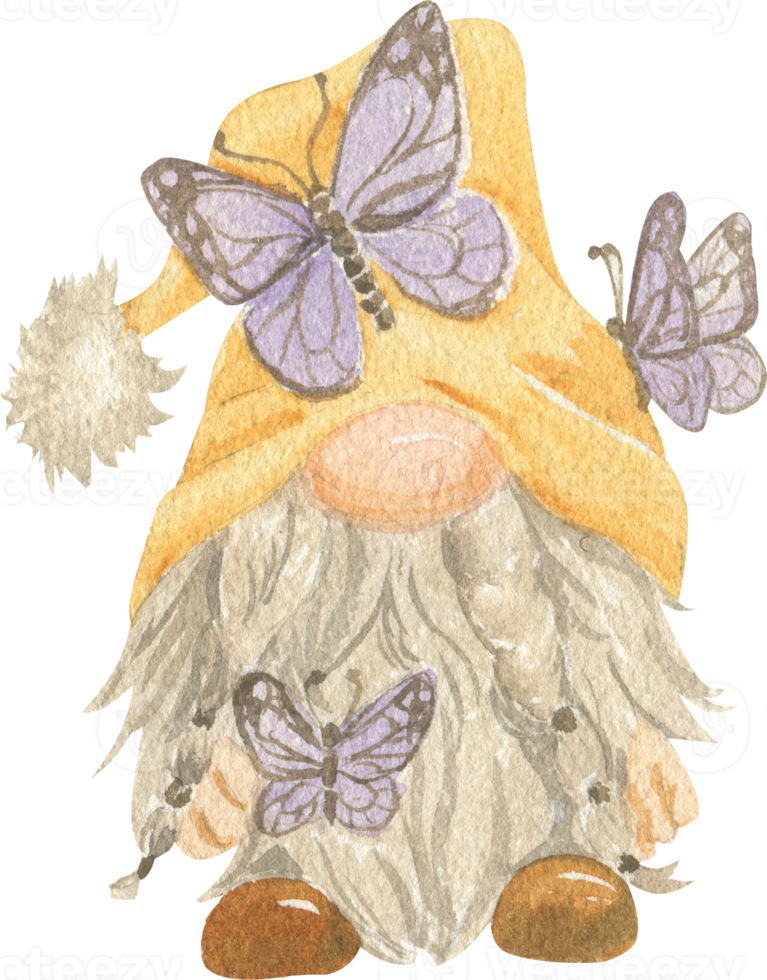 Watercolor illustration of a gnome with pigtails on his beard and butterflies on his cap png