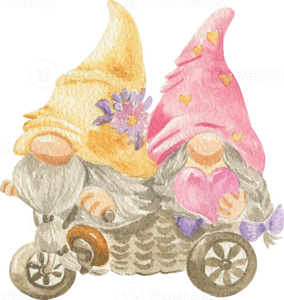 Watercolor illustration of two gnomes in love on a bicycle png