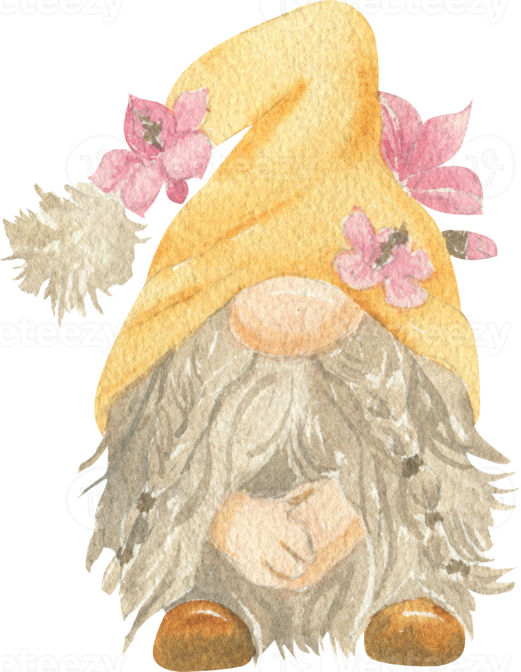 Watercolor illustration of a gnome with pigtails on his beard and flowers on his hat png