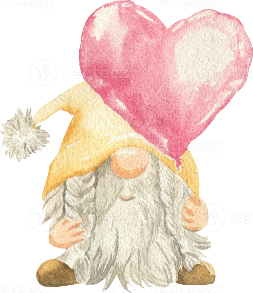 Watercolor illustration of a gnome in a hat holding a pink balloon in the form of a heart png