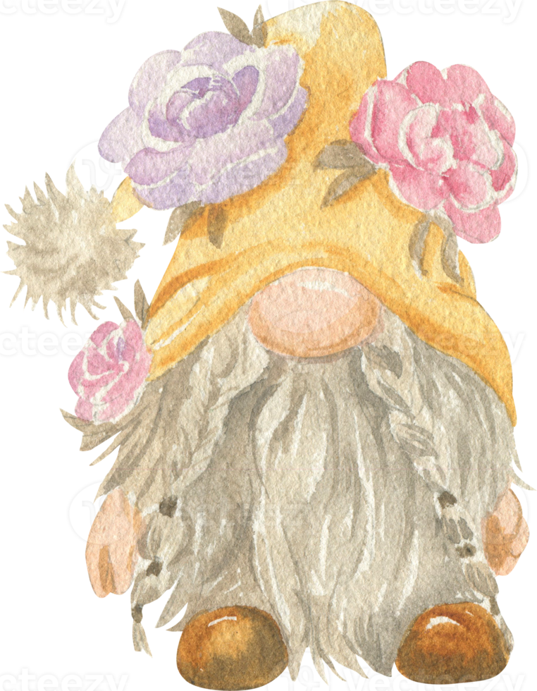 Watercolor illustration of a gnome in a hat with flowers with a beard and pigtails png