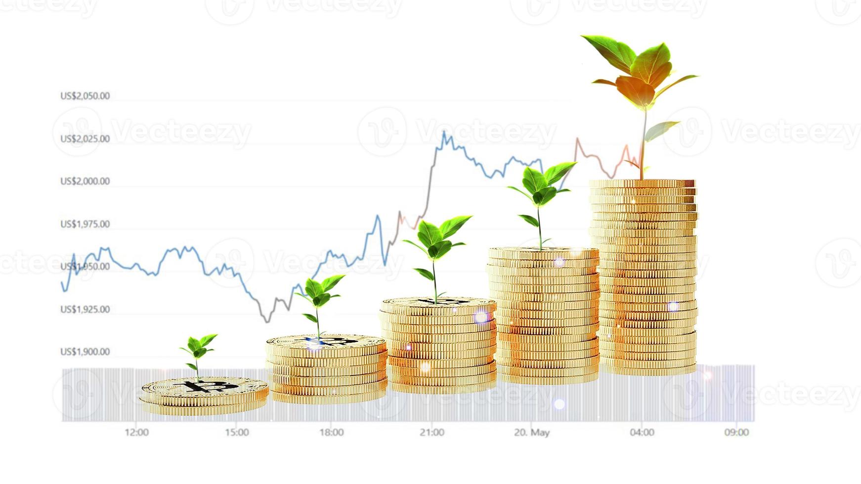 Row of coins for use in financial transactions such bank accounts, business plans, and investments in stocks, bonds, dividends, and interests that have plants growing on them photo