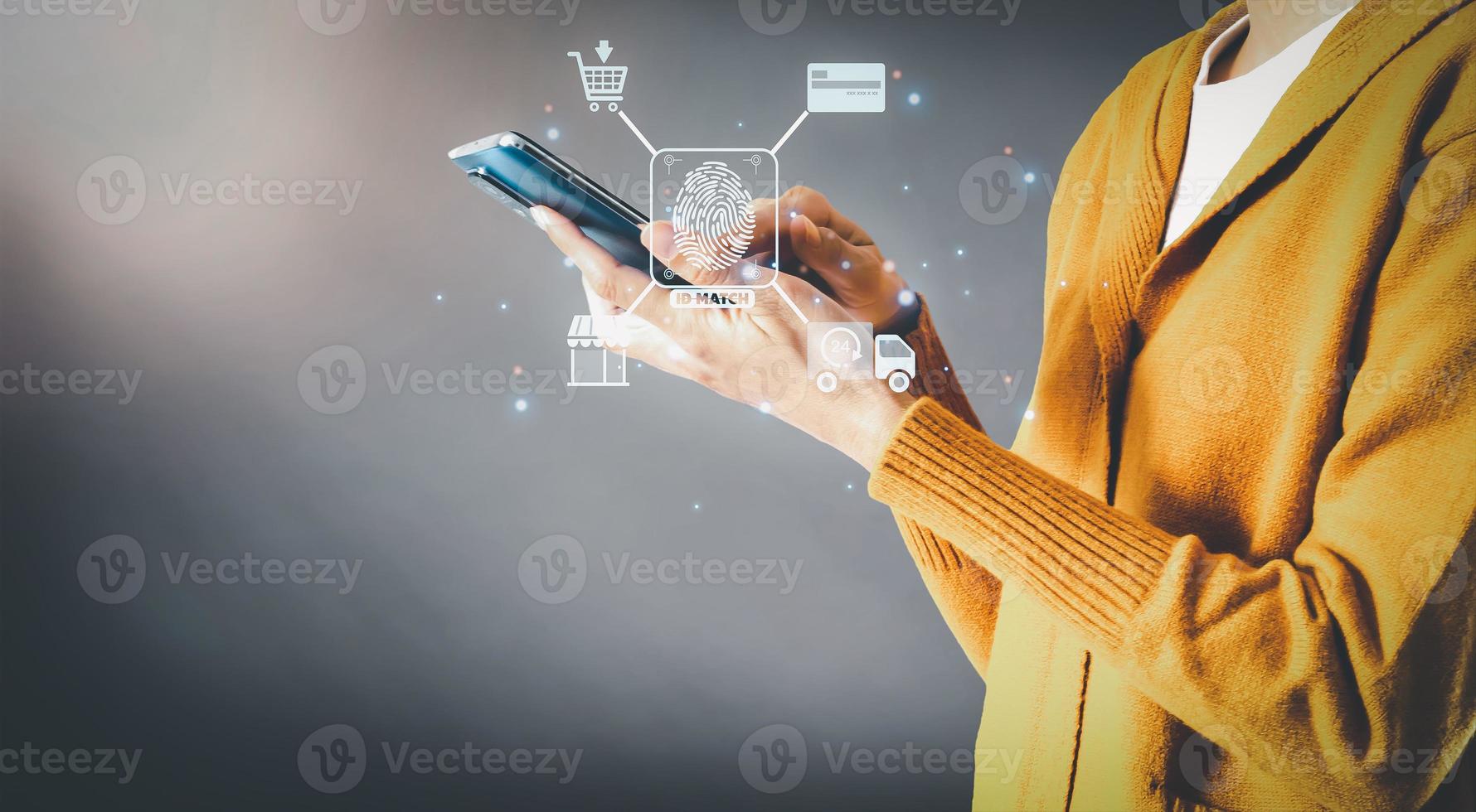 a businessperson with a smartphone Internet access and digital marketing on a global scale Banking and Finance Business technology includes things like digital link technology and big data. photo