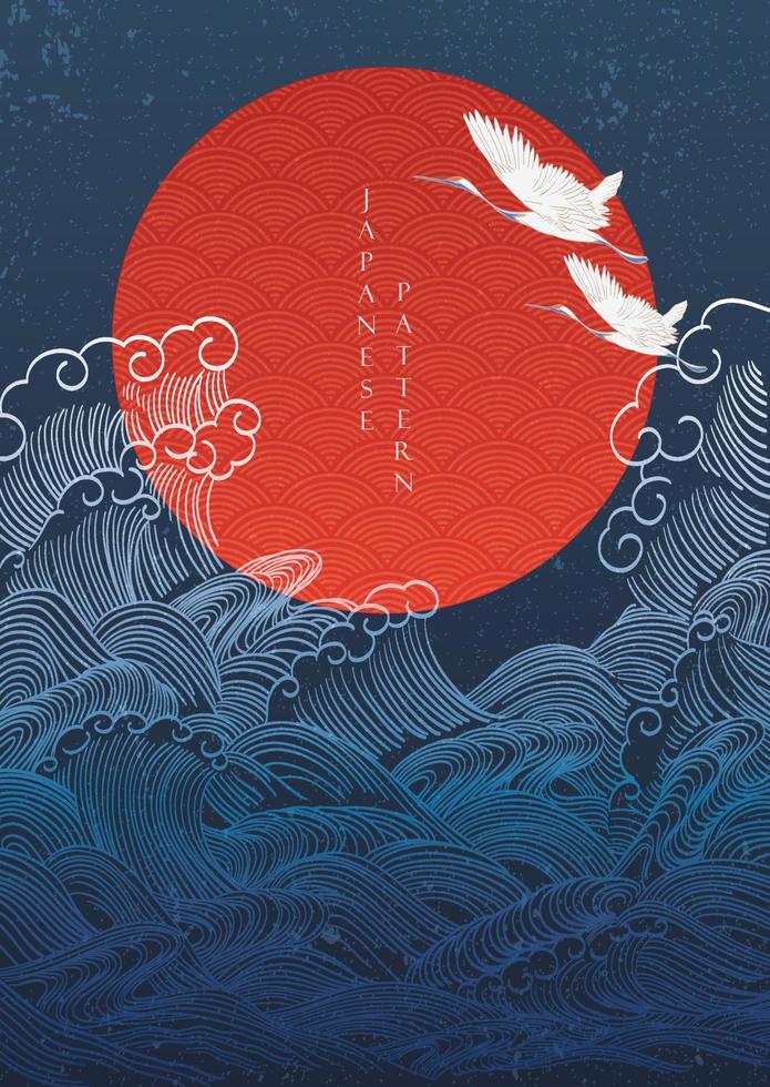 Japanese background with crane birds decoration vector. Hand drawn wave with red circle shape elements in oriental style. vector