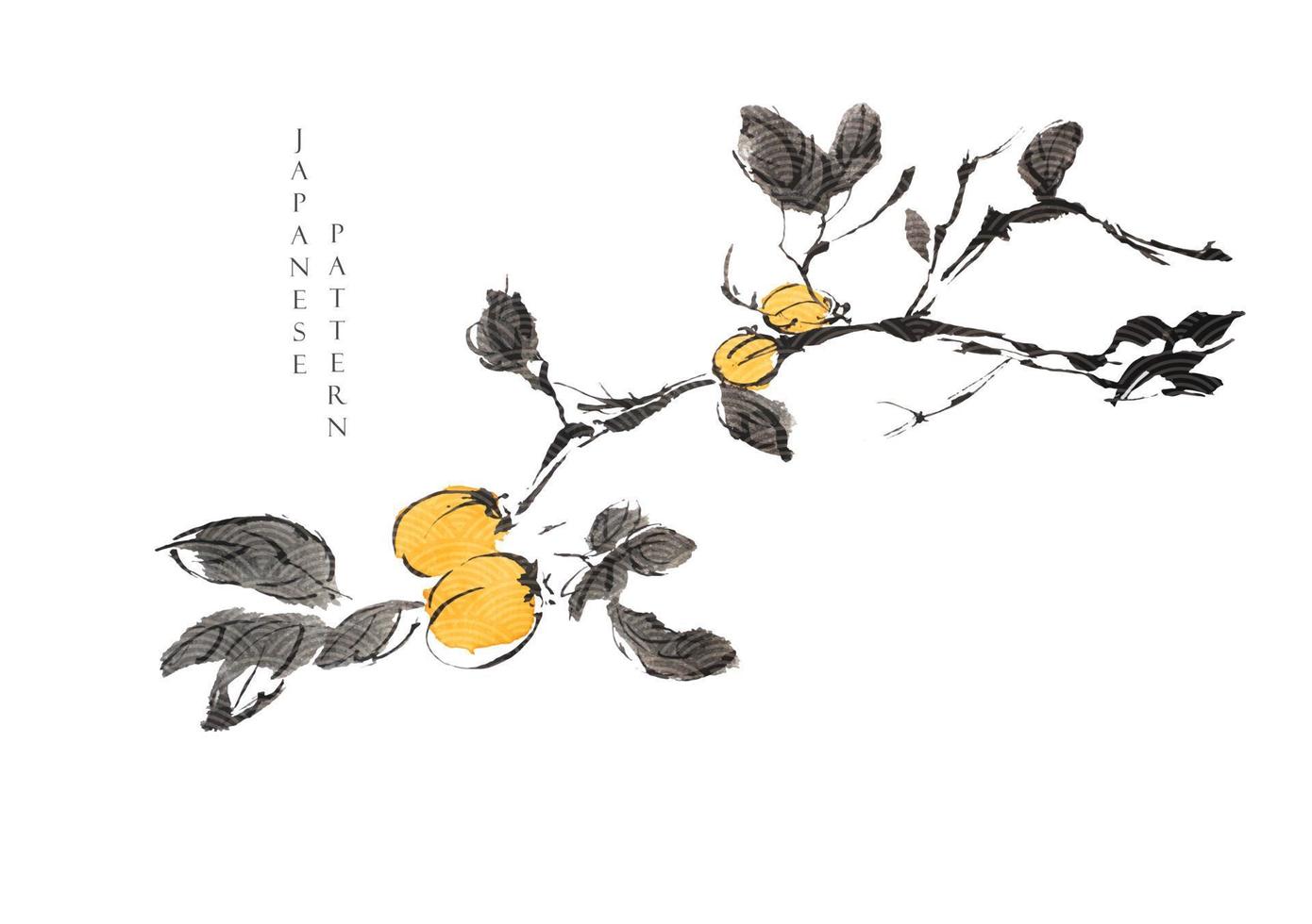 Plum tree chinese painting with Japanese wave pattern vector. Brush stroke element with nature background. vector