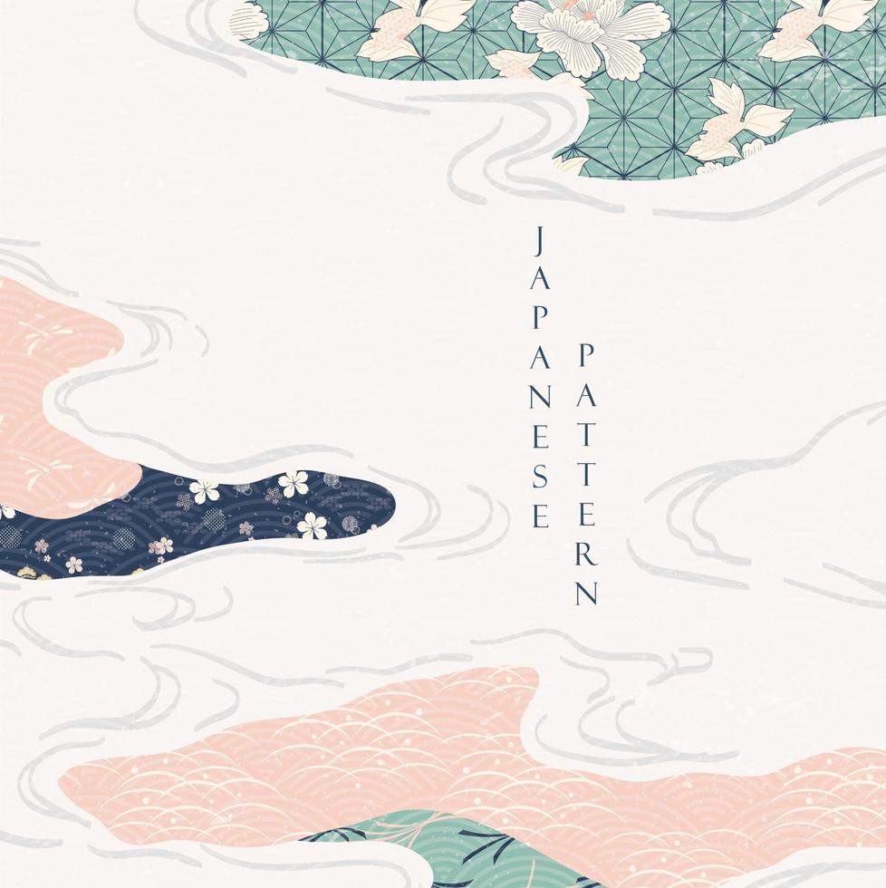 Japanese pattern with geometric background vector. Lines and abstract shape elements with watercolor texture. Curve template in Asian style. vector