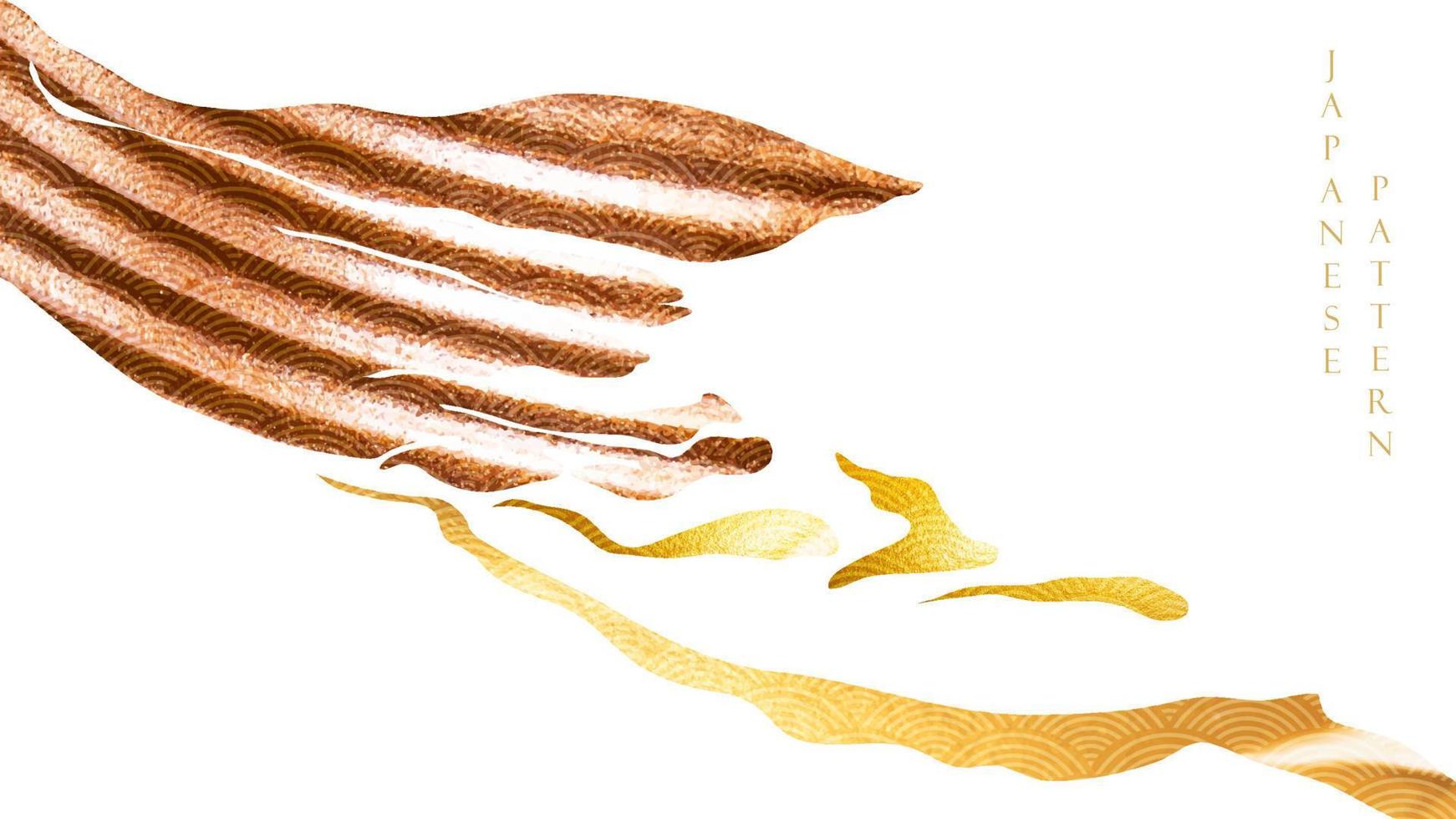 fondo de paisaje abstracto con vector de textura de oro y bronce. diseño de banner de trazo de pincel de pintura con patrón de onda japonés.
