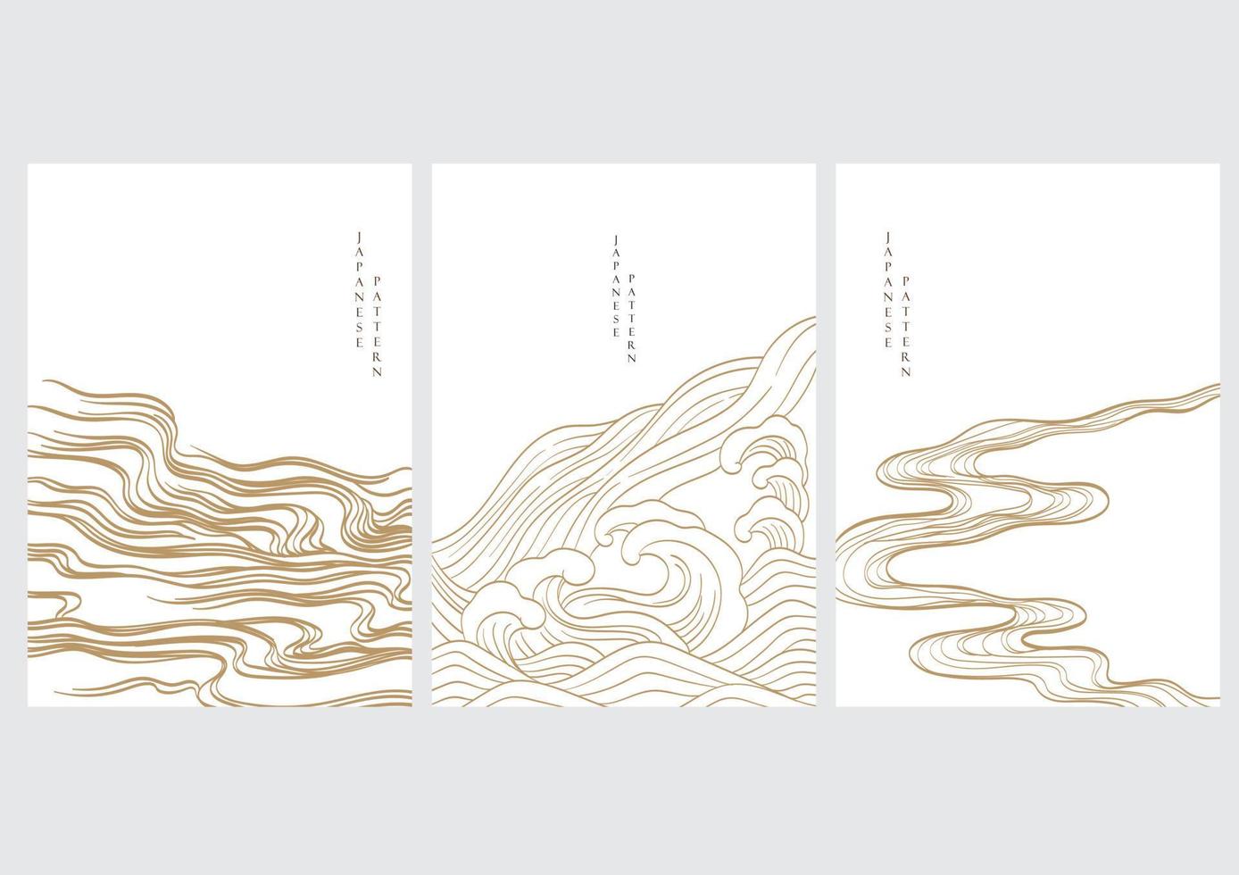 Japanese background with hand drawn wave elements vector. Gold line pattern with ocean object in vintage style. vector