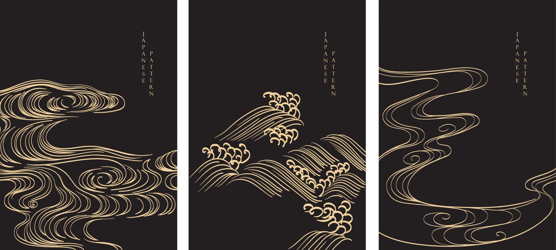 Hand drawn wave pattern with Japanese background vector. Oriental template with gold line pattern in vintage style. vector