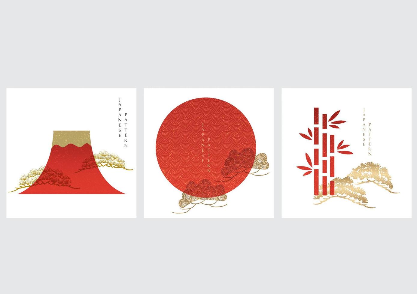 patrón chino con vector de elementos de montaña y sol fuji. fondo tradicional rojo con decoración de icono japonés en estilo vintage.