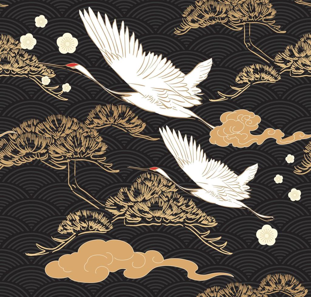 patrón transparente japonés con vector de elementos de pájaros de grúa. fondo asiático con decoración oriental, como un bonsái dibujado a mano y un icono de flor de cerezo en estilo vintage.