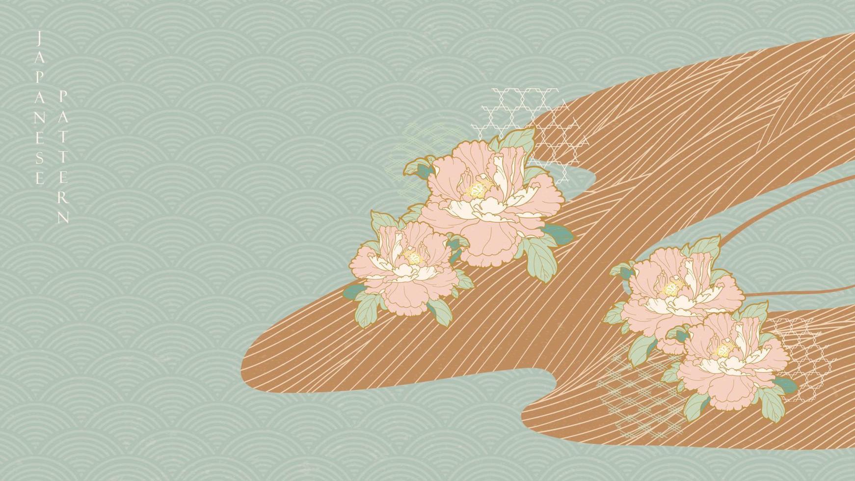 fondo japonés con vector de decoración de flores de peonía. patrón de línea de dibujo a mano con elementos de onda en estilo vintage.