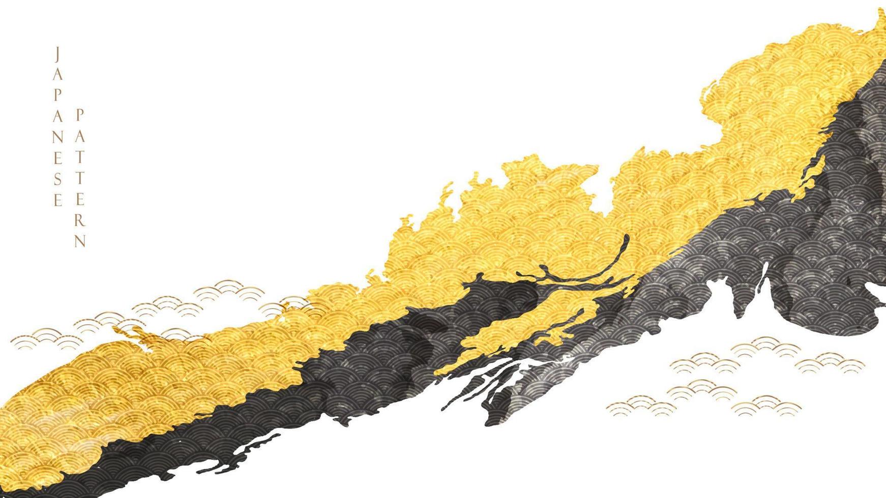 Abstract art with brush stroke vector. Japanese wave icon and pattern with gold and black  texture in vintage style. vector