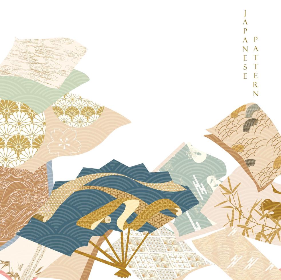 Japanese seamless pattern with crane birds elements vector. Asian background with oriental decoration such as hand drawn bonsai tree and cherry blossom flower icon in vintage style. vector