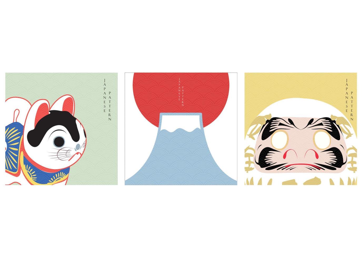 fondo japonés con vector icono en diseño vintage. patrón de onda en estilo vintage. montaña fuji, muñeca de madera, gato de la suerte, encantadores elementos de perro en el diseño de tarjetas de año nuevo.