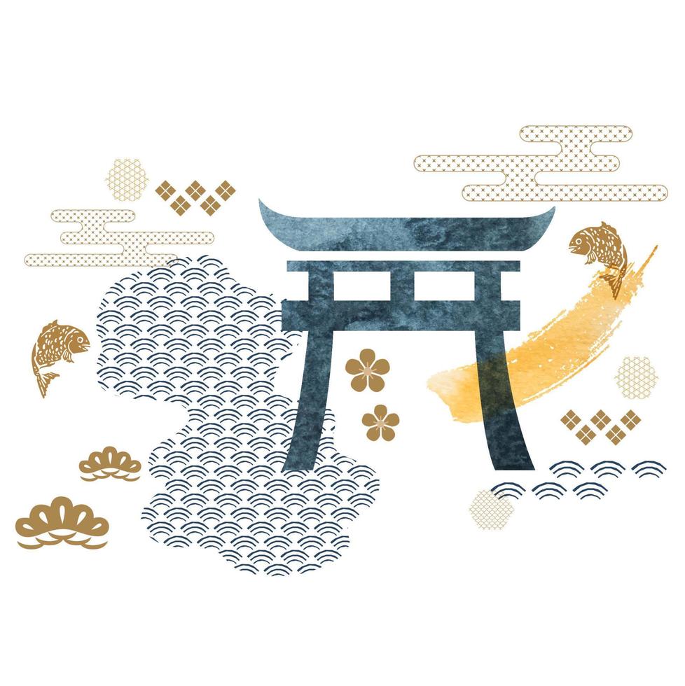 Japanese icon and background with geometric pattern vector. Lines and abstract shape elements with watercolor texture. Curve template in Asian style. vector