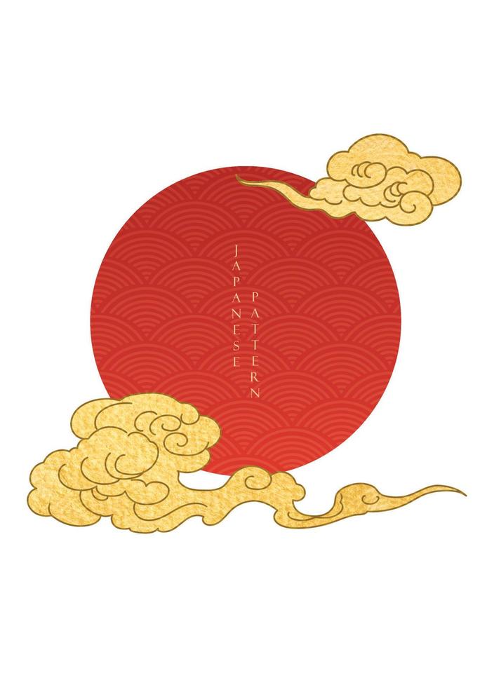 fondo japonés con vector de elementos de sol rojo. decoración de nubes chinas en estilo vintage.
