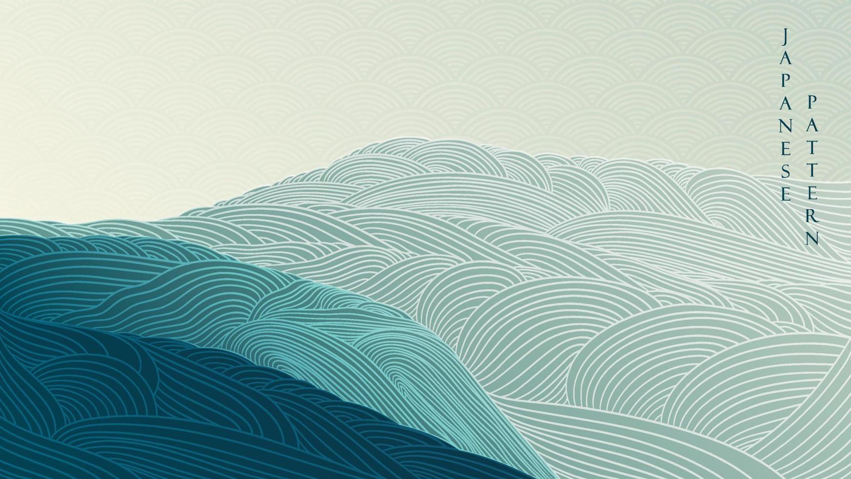 Abstract landscape background with Japanese wave pattern vector. Mountain forest texture banner with line art in vintage style. vector