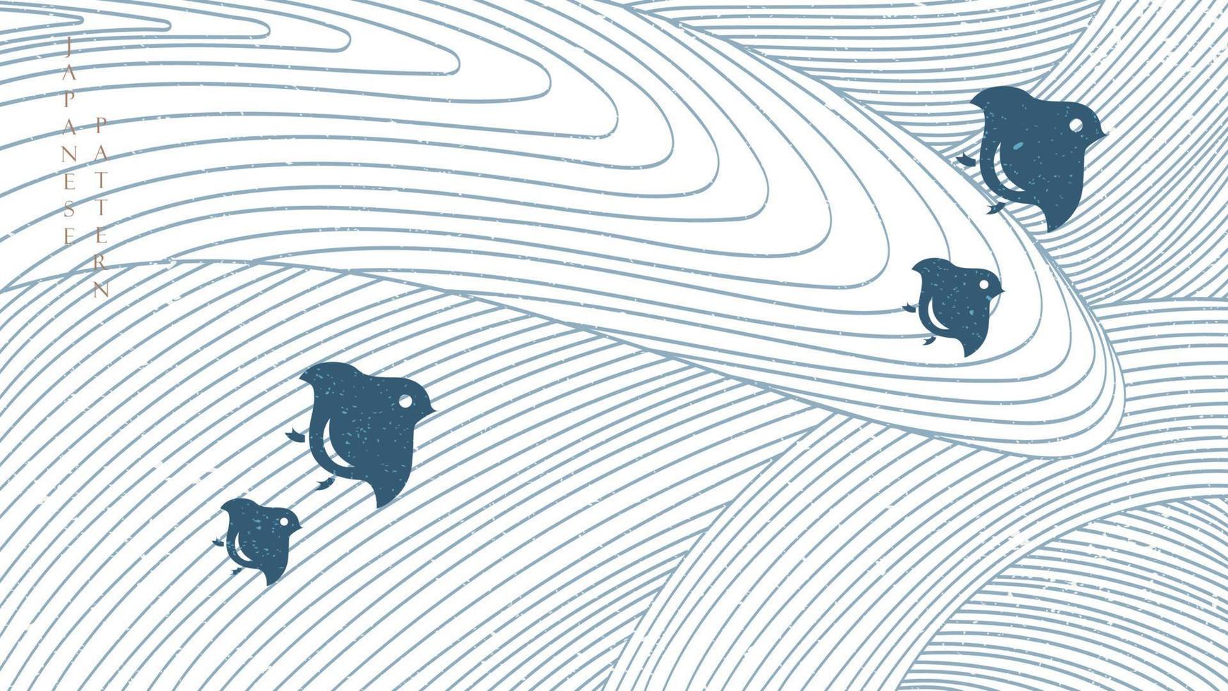 Japanese background with line pattern vector. Birds icons banner design with geometric template in vintage style. vector