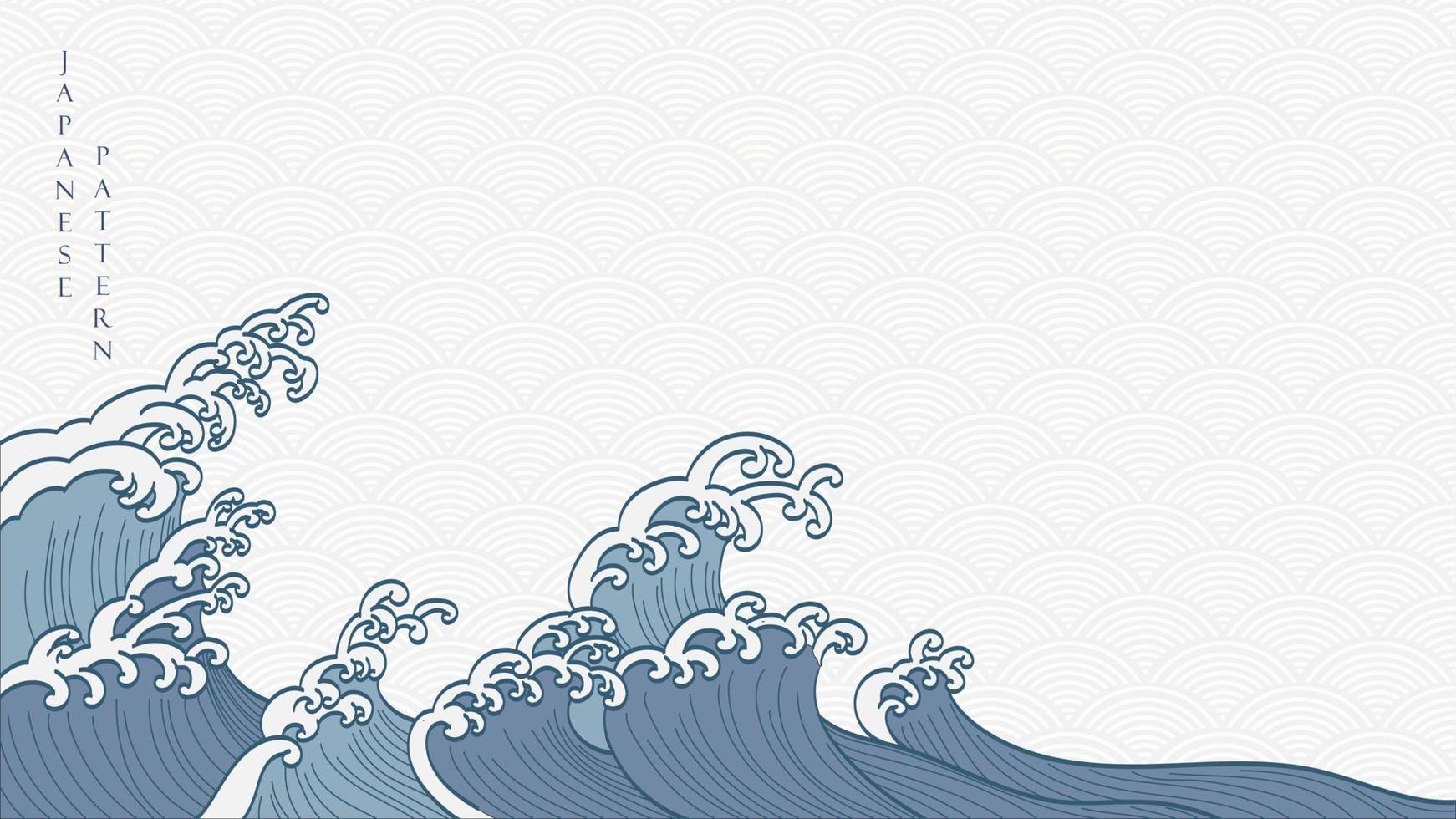 Hand drawn wave with Japanese pattern vector. Ocean sea background with natural decoration in vintage style. vector