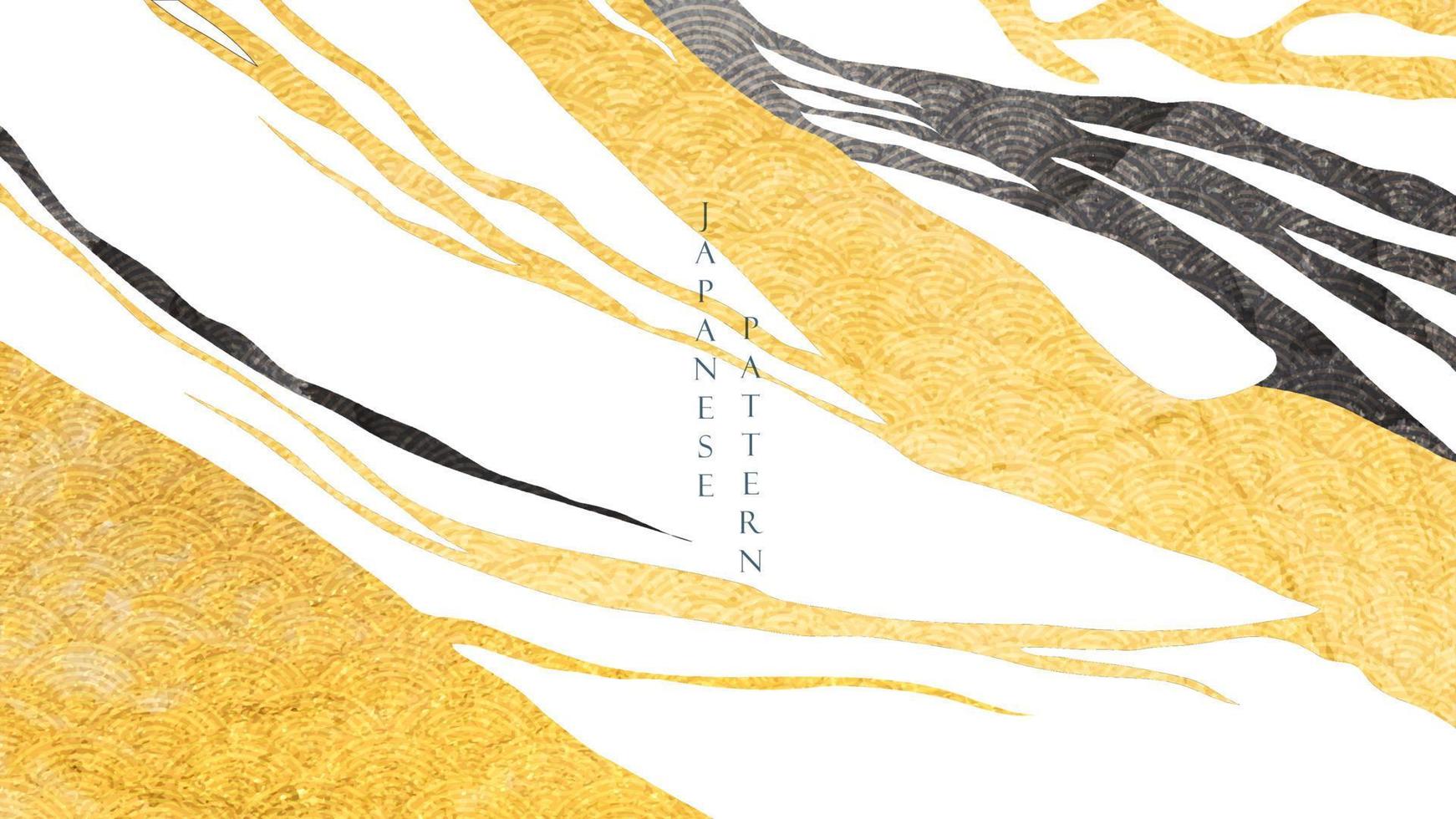 Abstract art background with Japanese wave pattern vector. Gold and black texture with natural landscape banner design in vintage style. vector