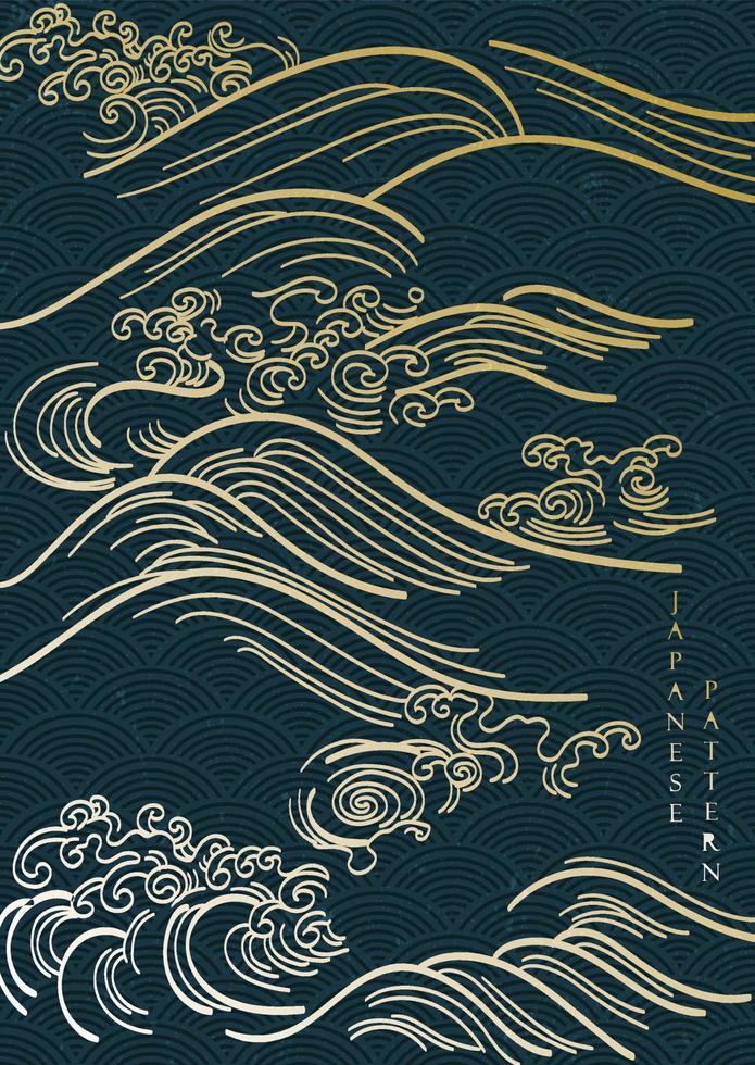 fondo japonés con vector de patrón de onda dibujado a mano. diseño de pancartas orientales con decoración de mar oceánico en estilo antiguo.