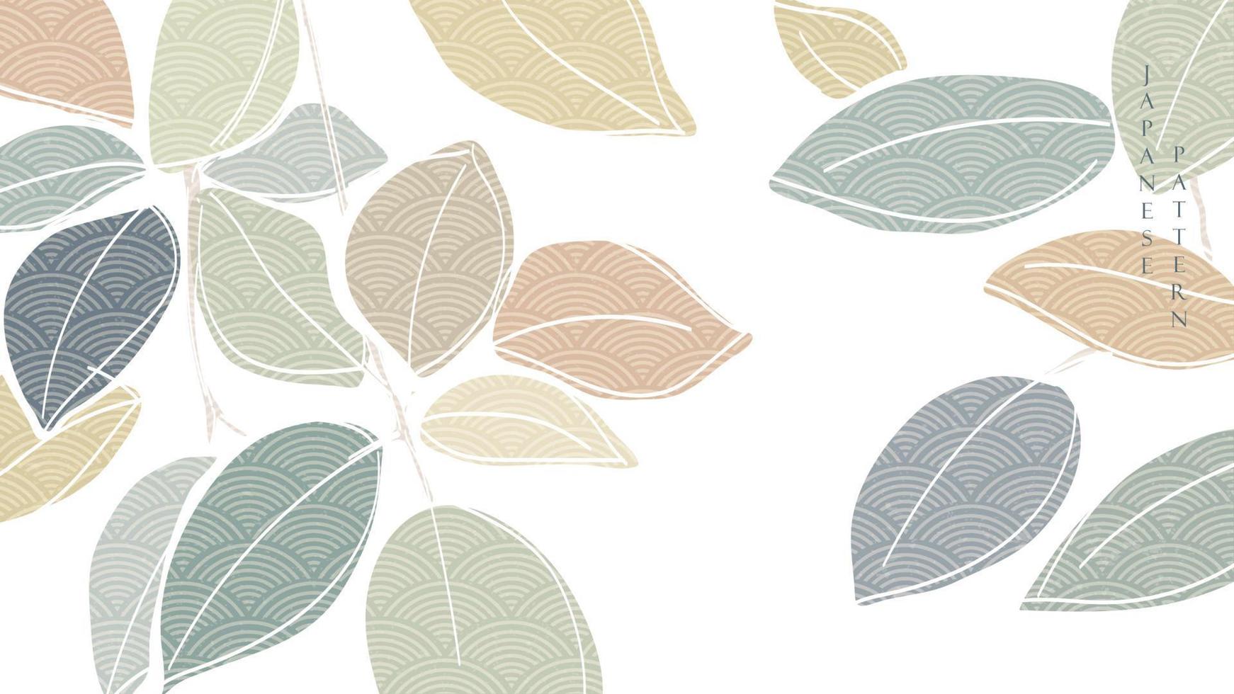 Fondo de hojas abstractas con vector de patrón de onda japonés. diseño de banner de decoración de línea con elementos de arte natural en estilo vintage.