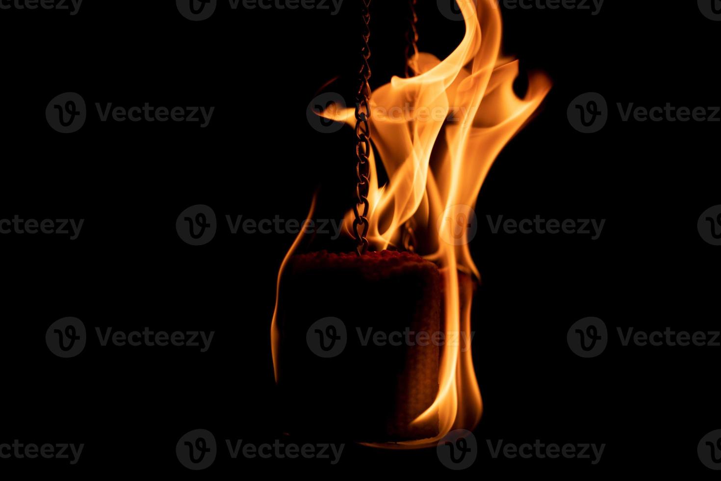 A beautiful shot of a person doing a fire Poi show in the dark photo