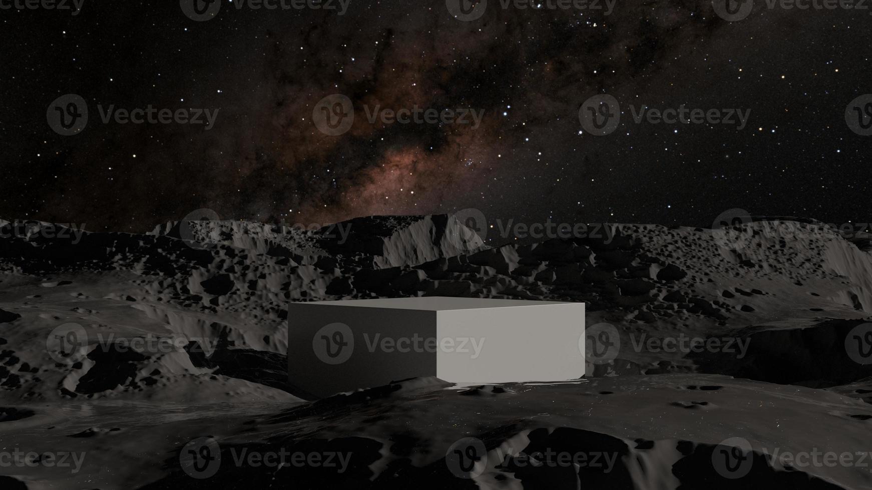 Empty white pedestal on moon surface with beautiful milky way scene, 3D podium for product showcase photo