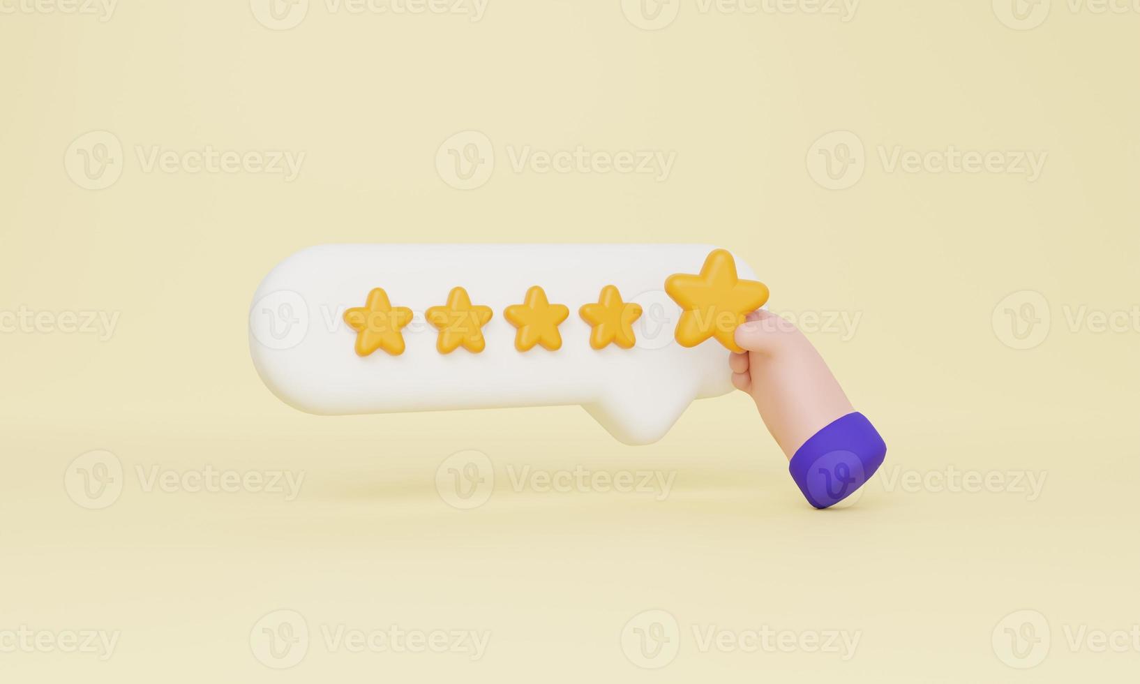 five star customer rating review on yellow pastel background. hand holding star. 3d rendering photo