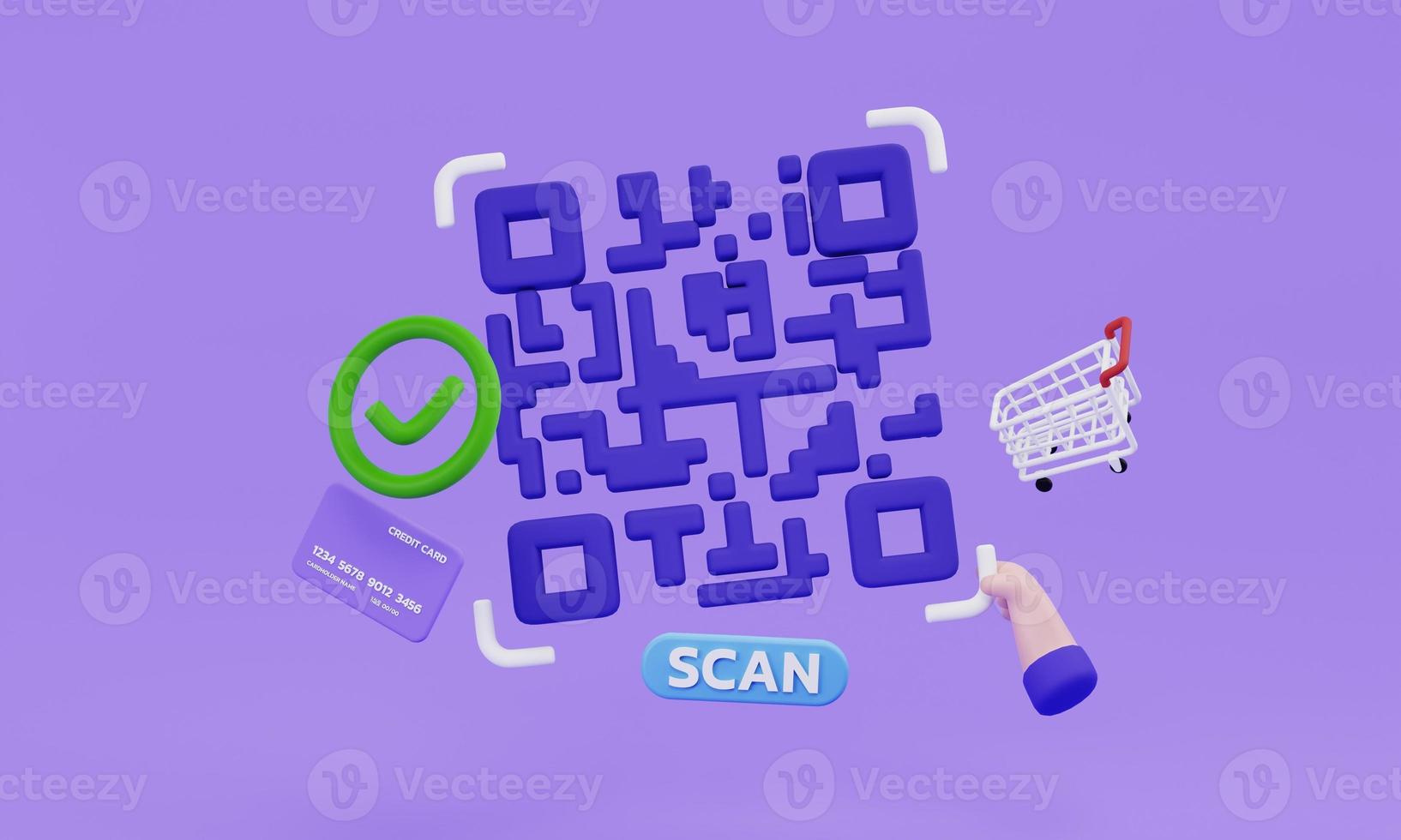 3d illustration concept scanning QR code and icons floating on velvet background photo