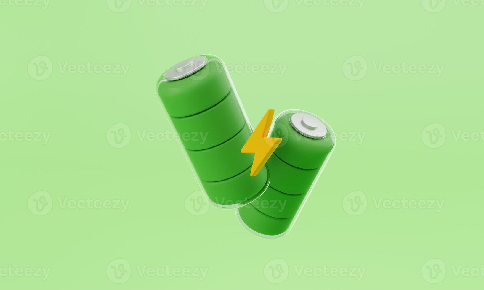 full charge battery with lightning symbol on green background. 3d rendering. photo
