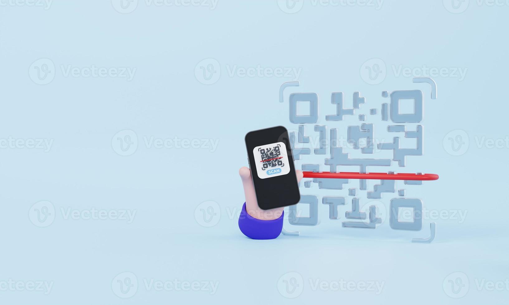 escanear código QR. mano sosteniendo el teléfono inteligente escaneando el código qr sobre fondo azul pastel foto