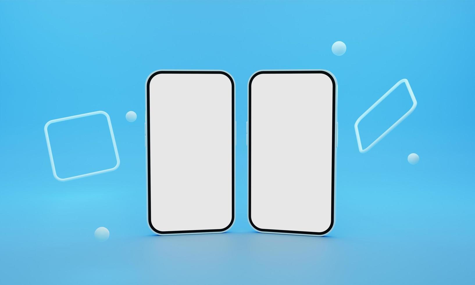 3d rendering of smartphones with white screenshot and blue neon light on blue background. photo