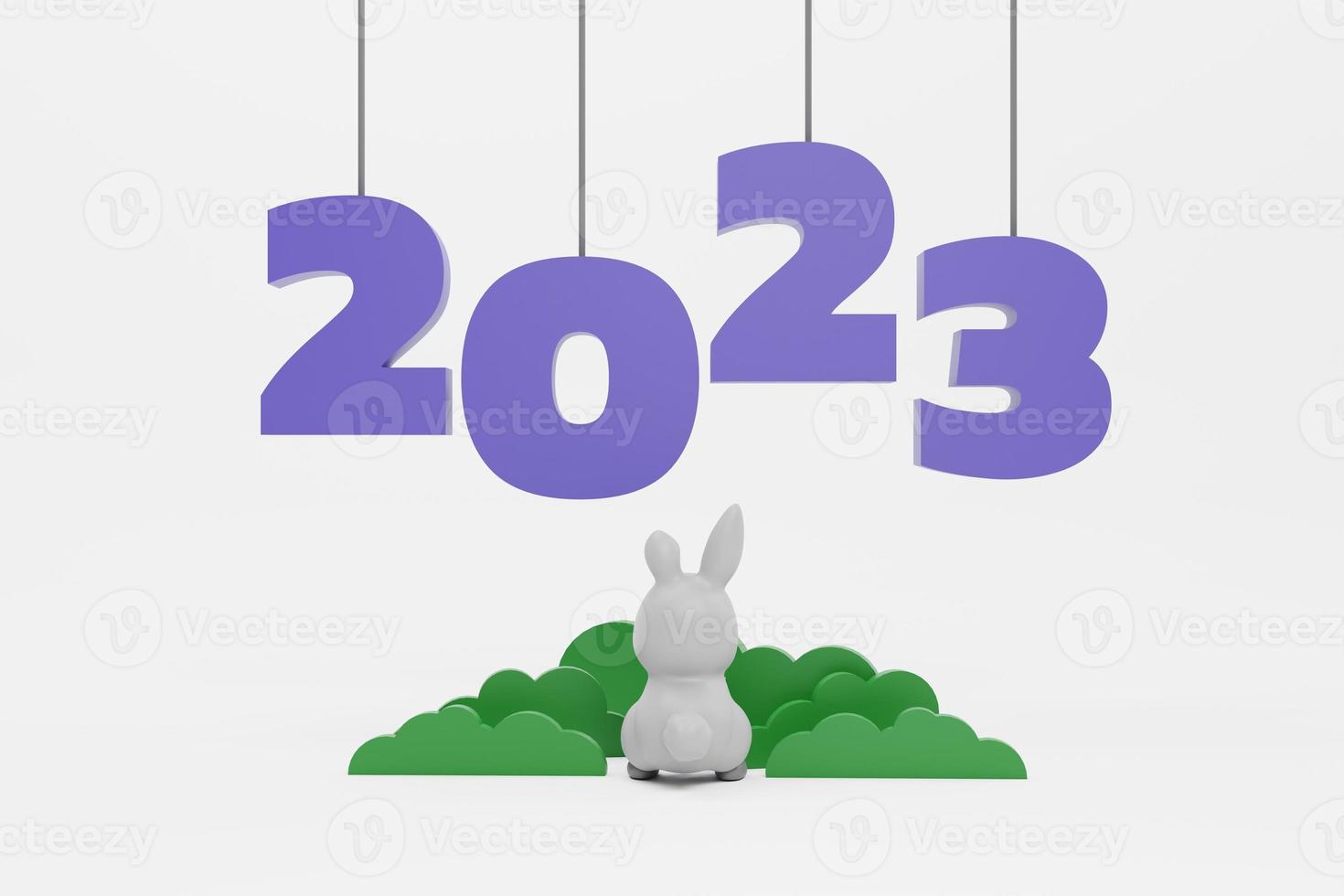 new year 2023 text hanging. rabbit sit under a bush on pastel background. 3d illustration. new year celebration concept photo