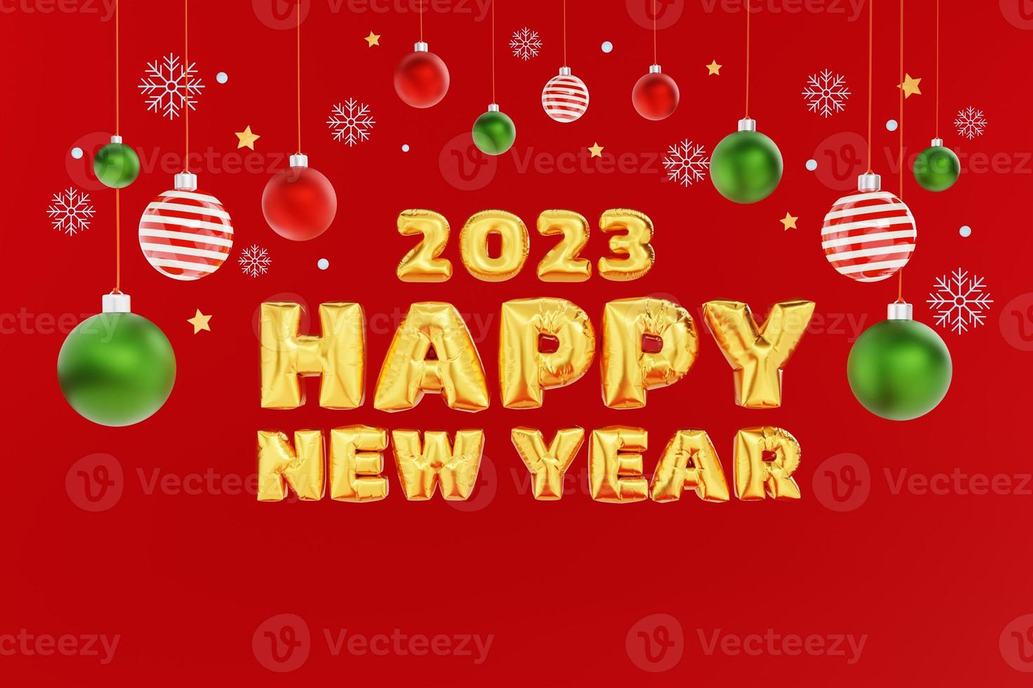 Christmas and new year background. glass ball Christmas ornaments, snowflakes and star 3d illustration. 2023 new year celebration concept photo