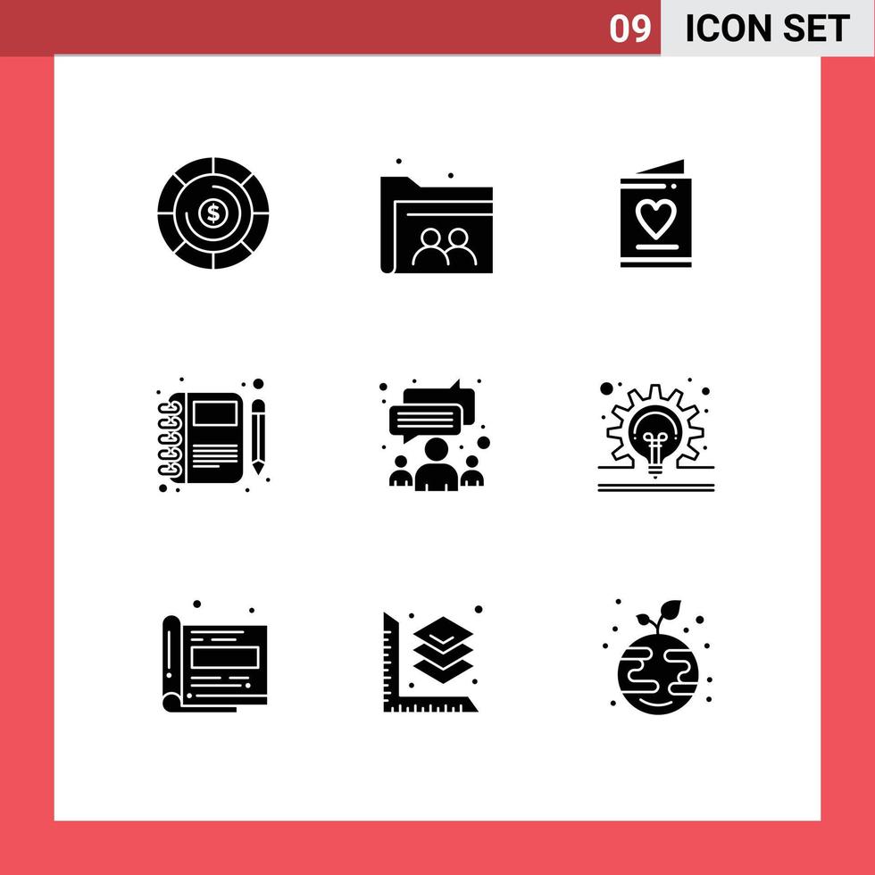 Set of 9 Vector Solid Glyphs on Grid for group pen invitation notebook moleskin Editable Vector Design Elements