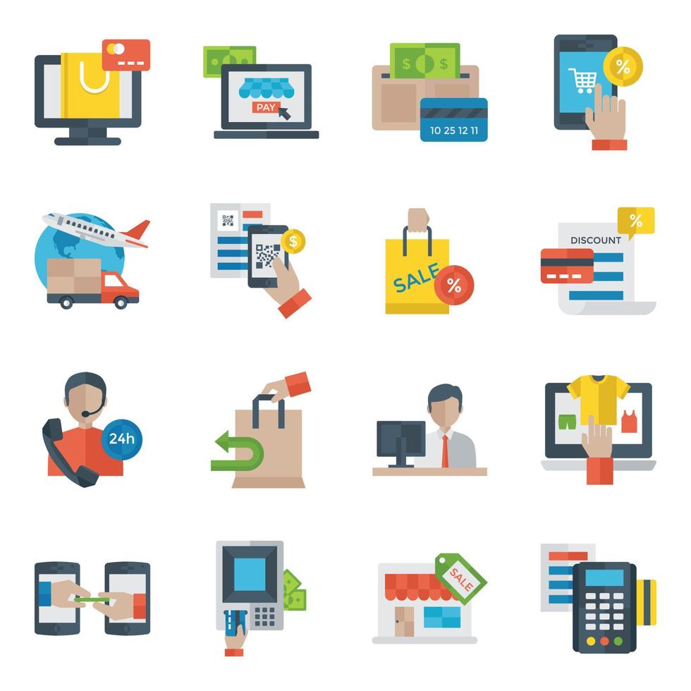 iconos planos de compras y comercio vector