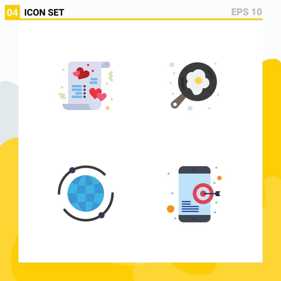 Group of 4 Modern Flat Icons Set for card world love cooking online Editable Vector Design Elements