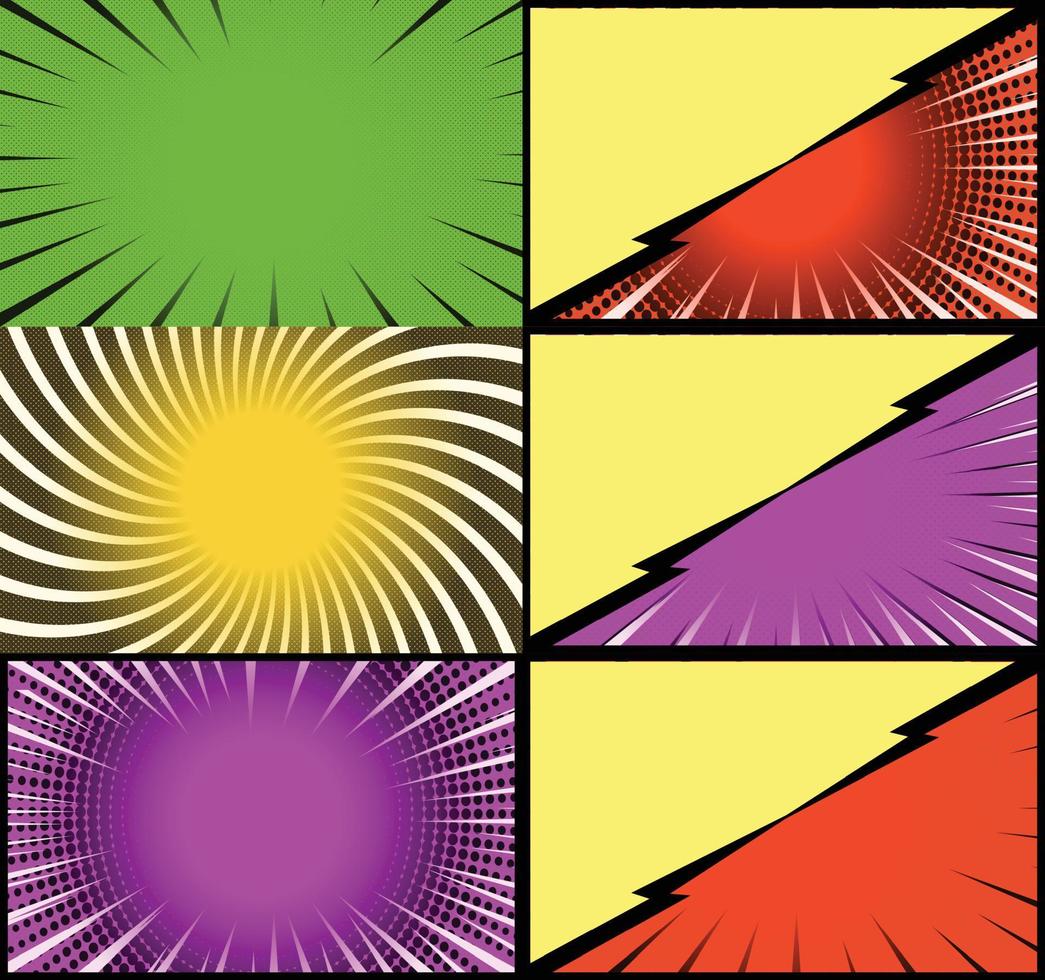 Comic book colorful frames background with halftone rays radial and dotted effects pop art style vector