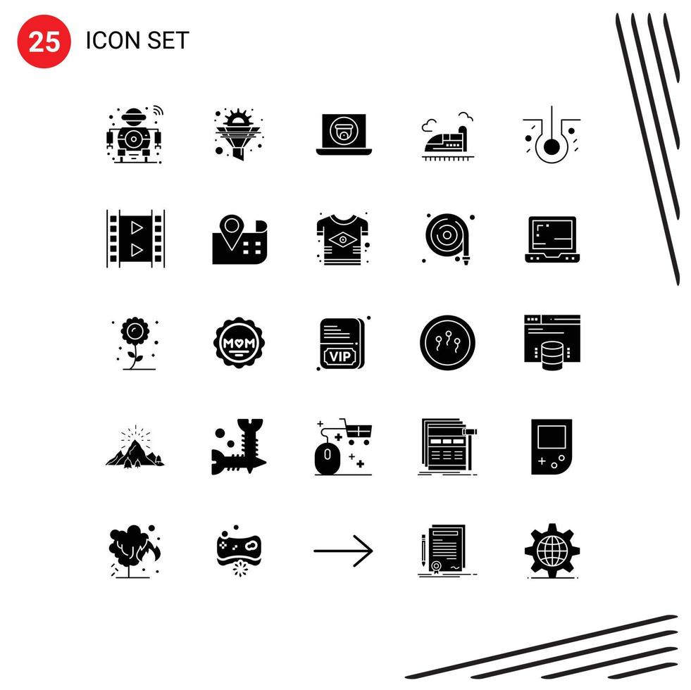 Set of 25 Vector Solid Glyphs on Grid for speed train gear bullet video Editable Vector Design Elements