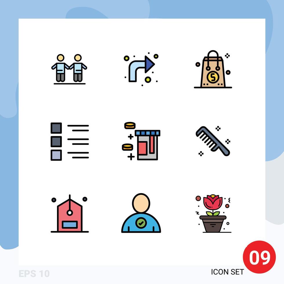Pack of 9 Modern Filledline Flat Colors Signs and Symbols for Web Print Media such as view list bag details valentine Editable Vector Design Elements