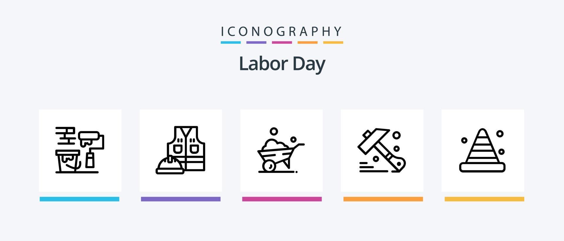 paquete de iconos de la línea 5 del día del trabajo que incluye mano de obra. pala. cepillo. bloqueador tablero. diseño de iconos creativos vector